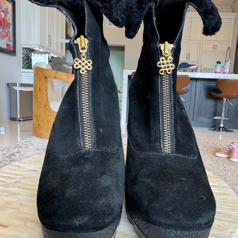 Diane Von Furstenberg Ankle Boots Black Suede Fur Trim High Wedge